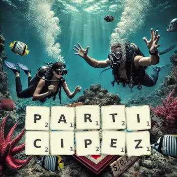 Illustration créative d'un jeu de lettres avec le mot PARTICIPEZ épelé sur le plateau.