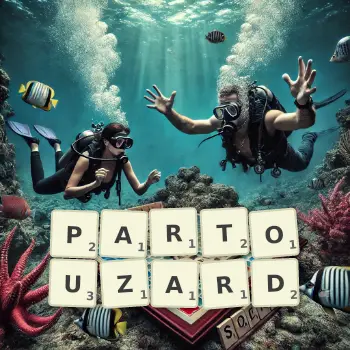 Illustration créative d'un jeu de lettres avec le mot PARTOUZARD épelé sur le plateau.