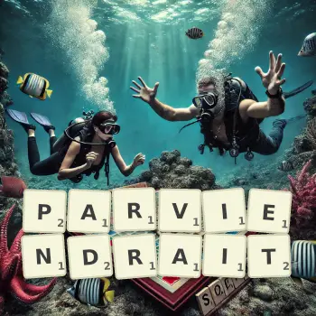 Illustration créative d'un jeu de lettres avec le mot PARVIENDRAIT épelé sur le plateau.