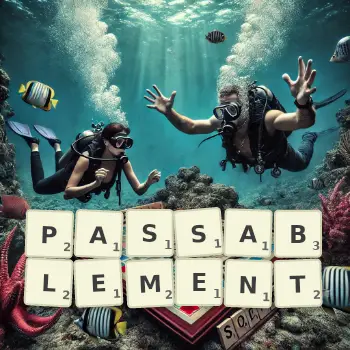 Illustration créative d'un jeu de lettres avec le mot PASSABLEMENT épelé sur le plateau.