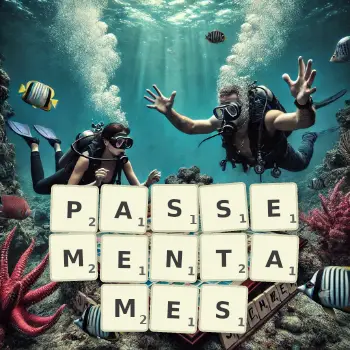 Illustration créative d'un jeu de lettres avec le mot PASSEMENTAMES épelé sur le plateau.