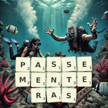 Illustration créative d'un jeu de lettres avec le mot PASSEMENTERAS épelé sur le plateau.