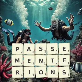 Illustration créative d'un jeu de lettres avec le mot PASSEMENTERIONS épelé sur le plateau.