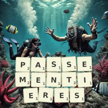 Illustration créative d'un jeu de lettres avec le mot PASSEMENTIERES épelé sur le plateau.