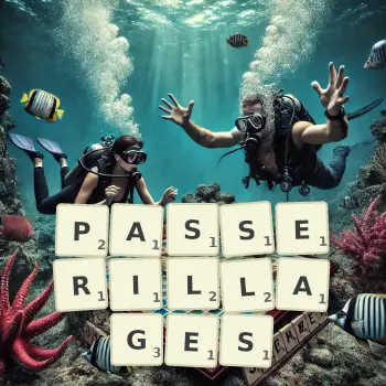 Illustration créative d'un jeu de lettres avec le mot PASSERILLAGES épelé sur le plateau.
