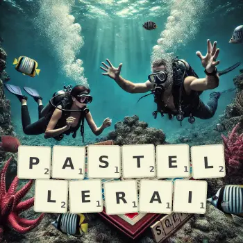 Illustration créative d'un jeu de lettres avec le mot PASTELLERAI épelé sur le plateau.