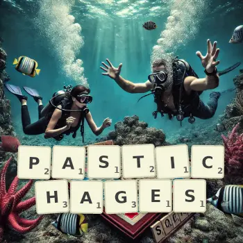 Illustration créative d'un jeu de lettres avec le mot PASTICHAGES épelé sur le plateau.