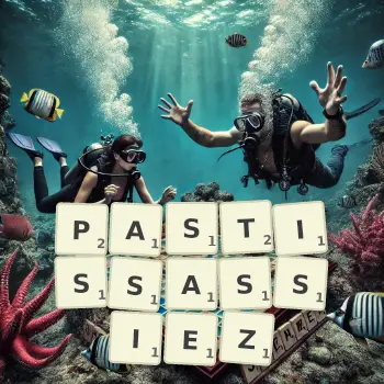 Illustration créative d'un jeu de lettres avec le mot PASTISSASSIEZ épelé sur le plateau.