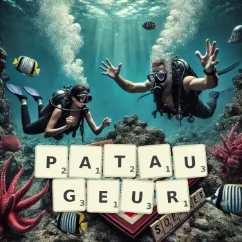 Illustration créative d'un jeu de lettres avec le mot PATAUGEUR épelé sur le plateau.