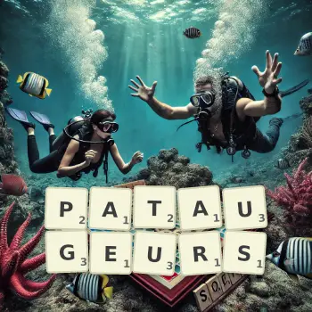 Illustration créative d'un jeu de lettres avec le mot PATAUGEURS épelé sur le plateau.
