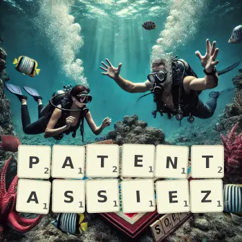Illustration créative d'un jeu de lettres avec le mot PATENTASSIEZ épelé sur le plateau.