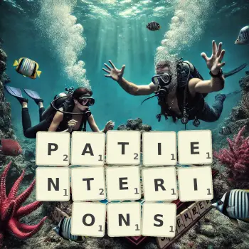 Illustration créative d'un jeu de lettres avec le mot PATIENTERIONS épelé sur le plateau.