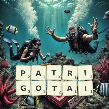 Illustration créative d'un jeu de lettres avec le mot PATRIGOTAI épelé sur le plateau.