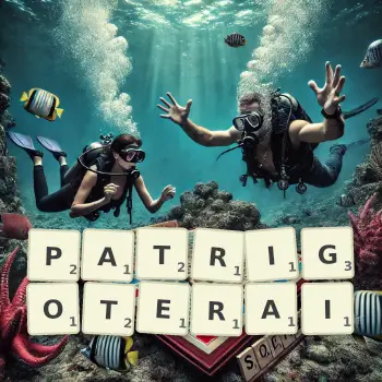 Illustration créative d'un jeu de lettres avec le mot PATRIGOTERAI épelé sur le plateau.