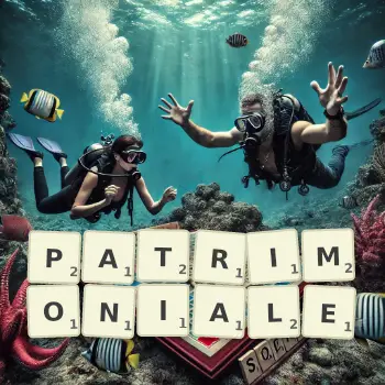 Illustration créative d'un jeu de lettres avec le mot PATRIMONIALE épelé sur le plateau.