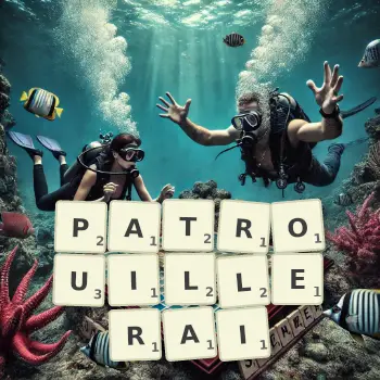 Illustration créative d'un jeu de lettres avec le mot PATROUILLERAI épelé sur le plateau.