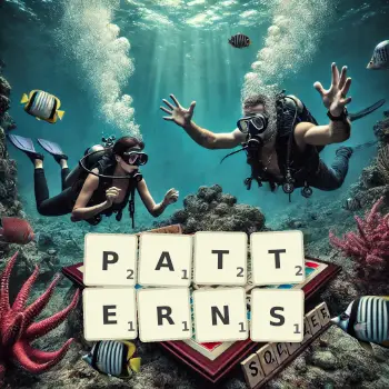Illustration créative d'un jeu de lettres avec le mot PATTERNS épelé sur le plateau.
