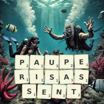 Illustration créative d'un jeu de lettres avec le mot PAUPERISASSENT épelé sur le plateau.