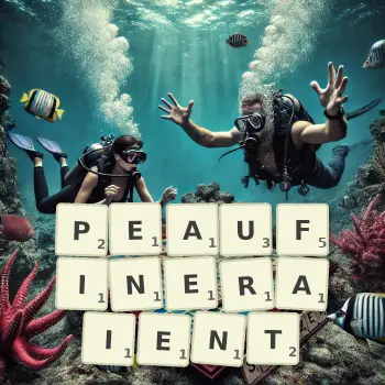 Illustration créative d'un jeu de lettres avec le mot PEAUFINERAIENT épelé sur le plateau.