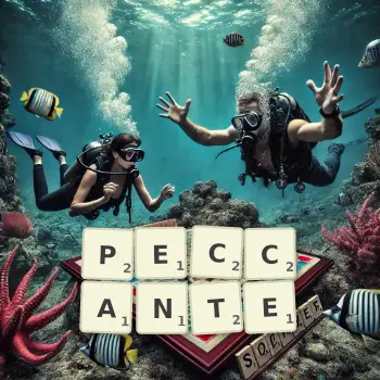 Illustration créative d'un jeu de lettres avec le mot PECCANTE épelé sur le plateau.