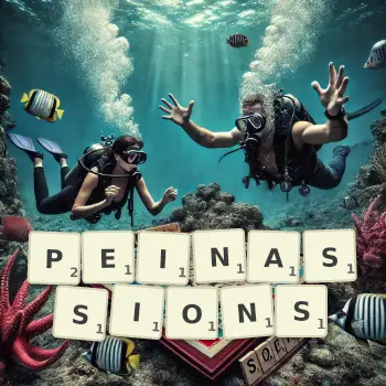 Illustration créative d'un jeu de lettres avec le mot PEINASSIONS épelé sur le plateau.