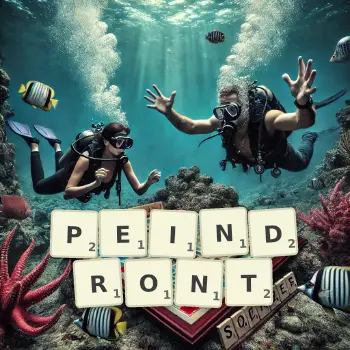 Illustration créative d'un jeu de lettres avec le mot PEINDRONT épelé sur le plateau.