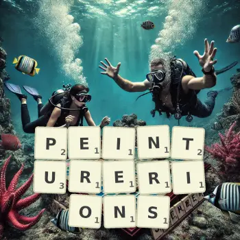 Illustration créative d'un jeu de lettres avec le mot PEINTURERIONS épelé sur le plateau.