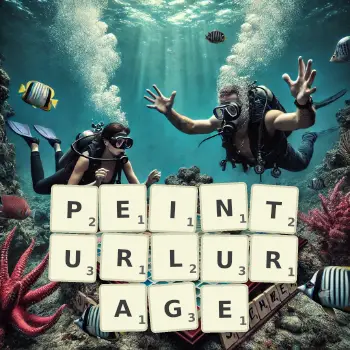 Illustration créative d'un jeu de lettres avec le mot PEINTURLURAGE épelé sur le plateau.