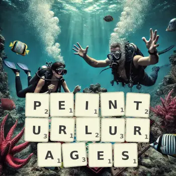 Illustration créative d'un jeu de lettres avec le mot PEINTURLURAGES épelé sur le plateau.