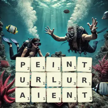 Illustration créative d'un jeu de lettres avec le mot PEINTURLURAIENT épelé sur le plateau.