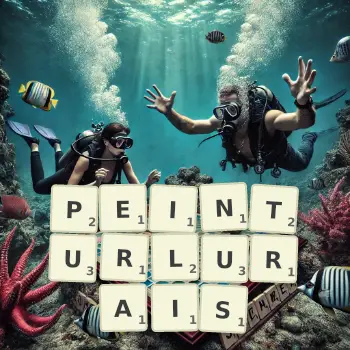 Illustration créative d'un jeu de lettres avec le mot PEINTURLURAIS épelé sur le plateau.