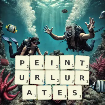Illustration créative d'un jeu de lettres avec le mot PEINTURLURATES épelé sur le plateau.