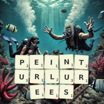 Illustration créative d'un jeu de lettres avec le mot PEINTURLUREES épelé sur le plateau.