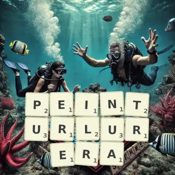 Illustration créative d'un jeu de lettres avec le mot PEINTURLURERA épelé sur le plateau.