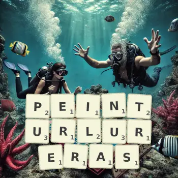 Illustration créative d'un jeu de lettres avec le mot PEINTURLURERAS épelé sur le plateau.