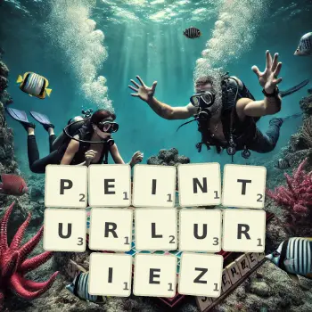 Illustration créative d'un jeu de lettres avec le mot PEINTURLURIEZ épelé sur le plateau.