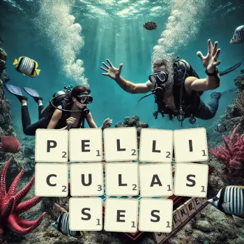 Illustration créative d'un jeu de lettres avec le mot PELLICULASSES épelé sur le plateau.