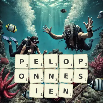 Illustration créative d'un jeu de lettres avec le mot PELOPONNESIEN épelé sur le plateau.