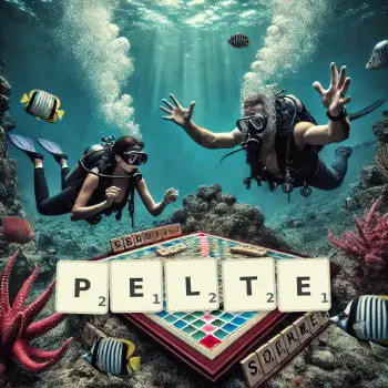 Illustration créative d'un jeu de lettres avec le mot PELTE épelé sur le plateau.