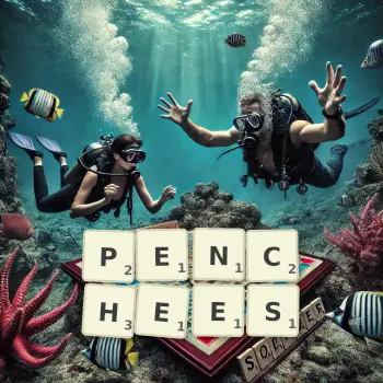 Illustration créative d'un jeu de lettres avec le mot PENCHEES épelé sur le plateau.