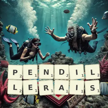 Illustration créative d'un jeu de lettres avec le mot PENDILLERAIS épelé sur le plateau.