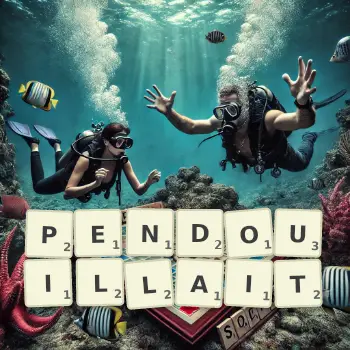 Illustration créative d'un jeu de lettres avec le mot PENDOUILLAIT épelé sur le plateau.