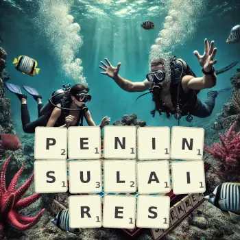 Illustration créative d'un jeu de lettres avec le mot PENINSULAIRES épelé sur le plateau.