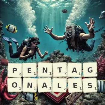 Illustration créative d'un jeu de lettres avec le mot PENTAGONALES épelé sur le plateau.