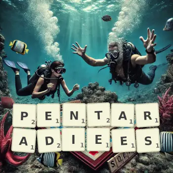 Illustration créative d'un jeu de lettres avec le mot PENTARADIEES épelé sur le plateau.