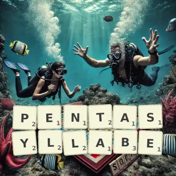 Illustration créative d'un jeu de lettres avec le mot PENTASYLLABE épelé sur le plateau.