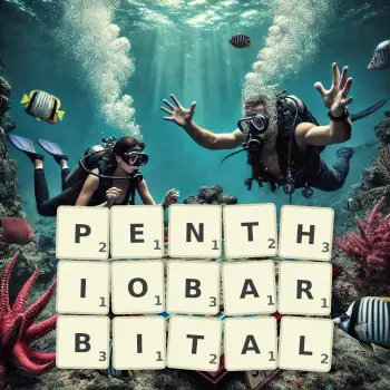 Illustration créative d'un jeu de lettres avec le mot PENTHIOBARBITAL épelé sur le plateau.