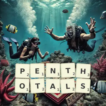 Illustration créative d'un jeu de lettres avec le mot PENTHOTALS épelé sur le plateau.