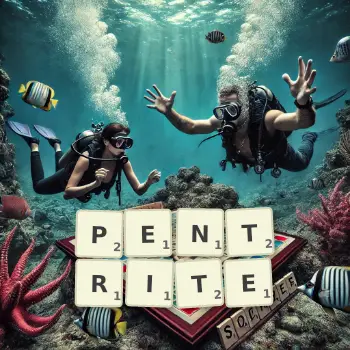 Illustration créative d'un jeu de lettres avec le mot PENTRITE épelé sur le plateau.