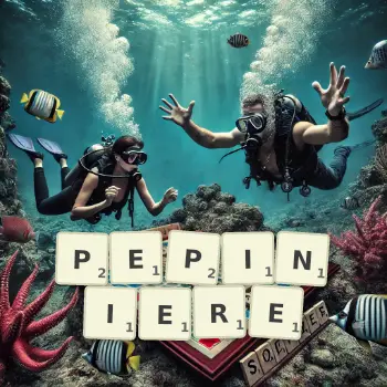 Illustration créative d'un jeu de lettres avec le mot PEPINIERE épelé sur le plateau.